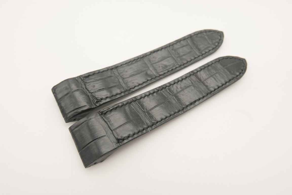 23mm Black Genuine Crocodile Skin Leather Deployment Strap for Cartier Santos #WT4660