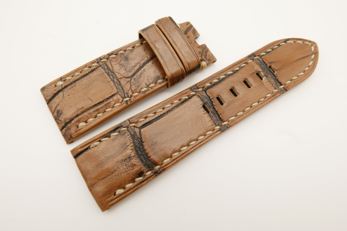 26mm/24mm Light Brown Genuine ALLIGATOR Skin Leather Watch Strap For Panerai #WT4923