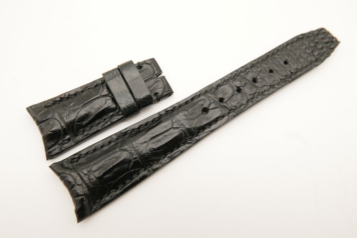 22mm/18mm Black Genuine CROCODILE Skin Leather Curved End Deployment Strap For IWC #WT5010