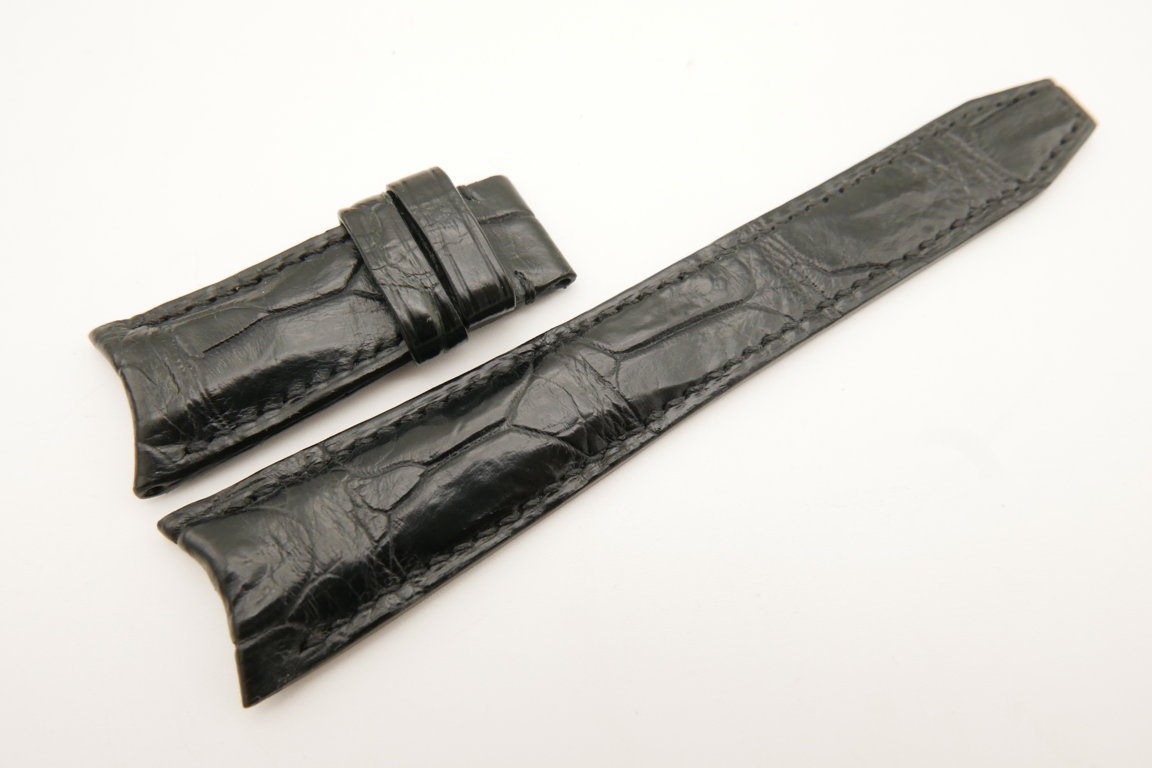 22mm/18mm Black Genuine CROCODILE Skin Leather Curved End Deployment Strap For IWC #WT5145